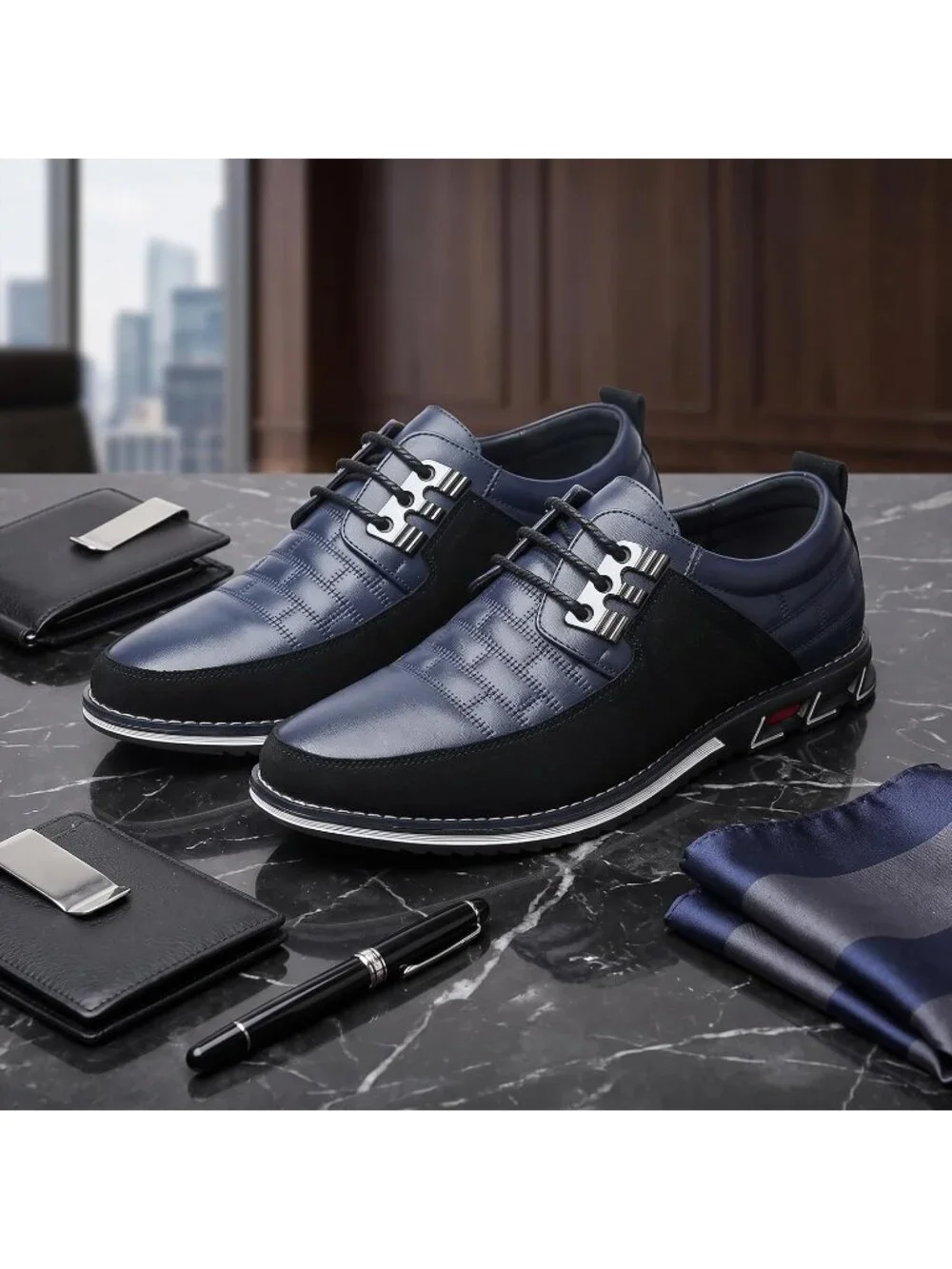 Men's Blue Plaid Grid Lace-up Leather Business Orthopedic Oxford Derby Shoes